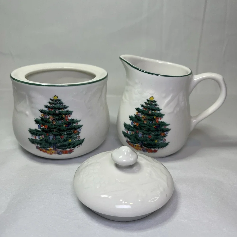 Vintage GEI CHINA Cream & Sugar Bowl With Lid Christmas Tree Pattern Kitchenware